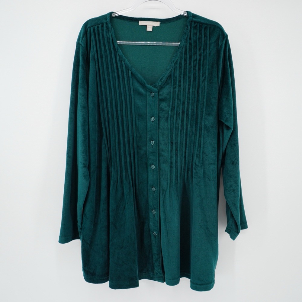 Woman Within Green Long Sleeve Velvet‎ Button Up Top Forest Goblin Fairy 18/20